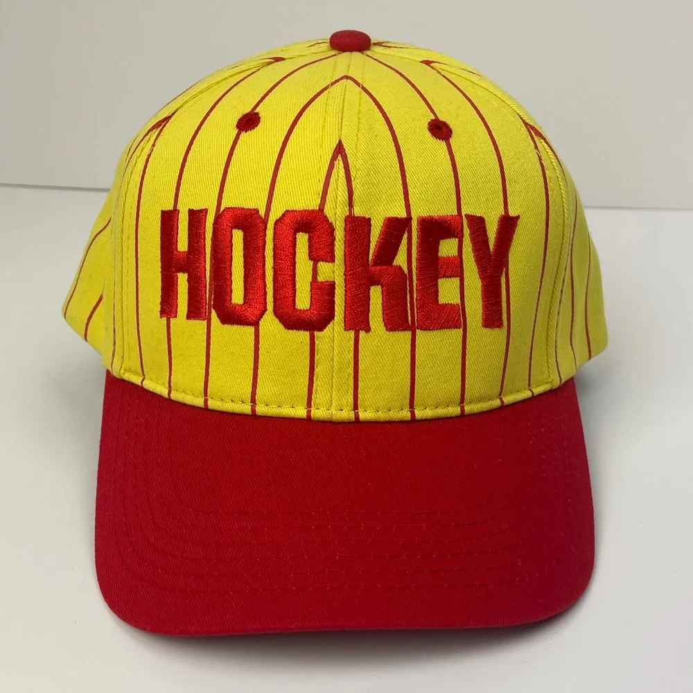 Hockey Skateboards Pinstripe Hat Eyes Without A Face Snapback Cap Yellow Red FA